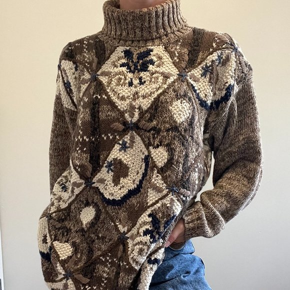 Vintage 90s Turtleneck, 1990s Brown Chunky Knit Sweater - Picture 2 of 9
